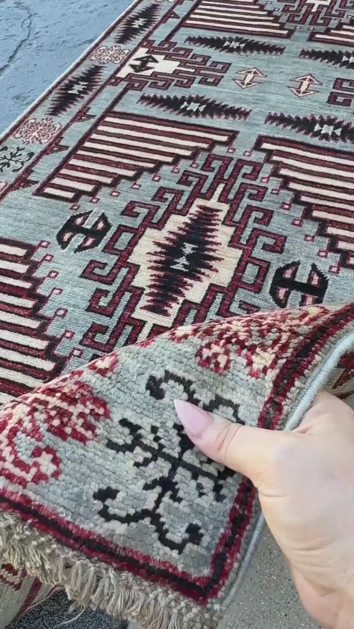 3x10 Handmade Afghan Wool Runner Rug | Slate Grey and Maroon Southwestern Geometric Hallway Runner | Ivory and Black | Hand-Knotted Carpet