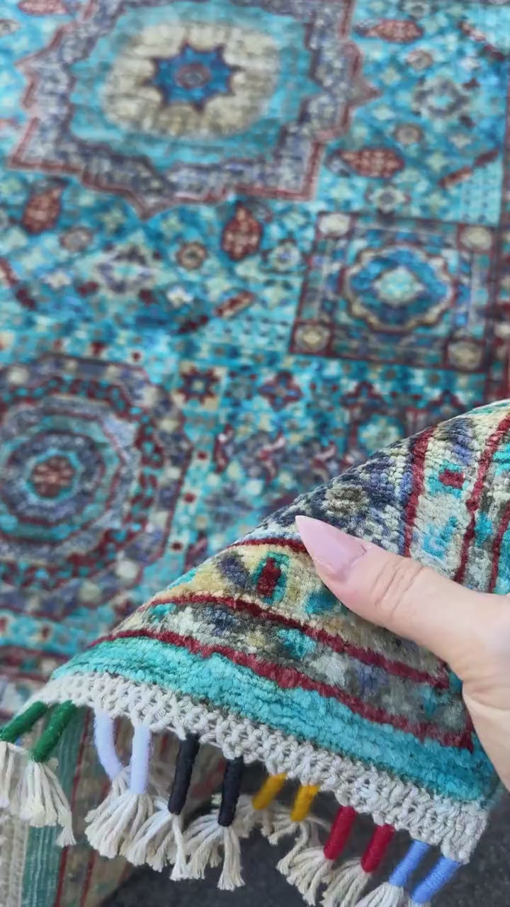 3x13 Handmade Afghan Wool Runner Rug | Turquoise Blue Geometric Medallion Rug | Hand-Knotted Hallway Runner