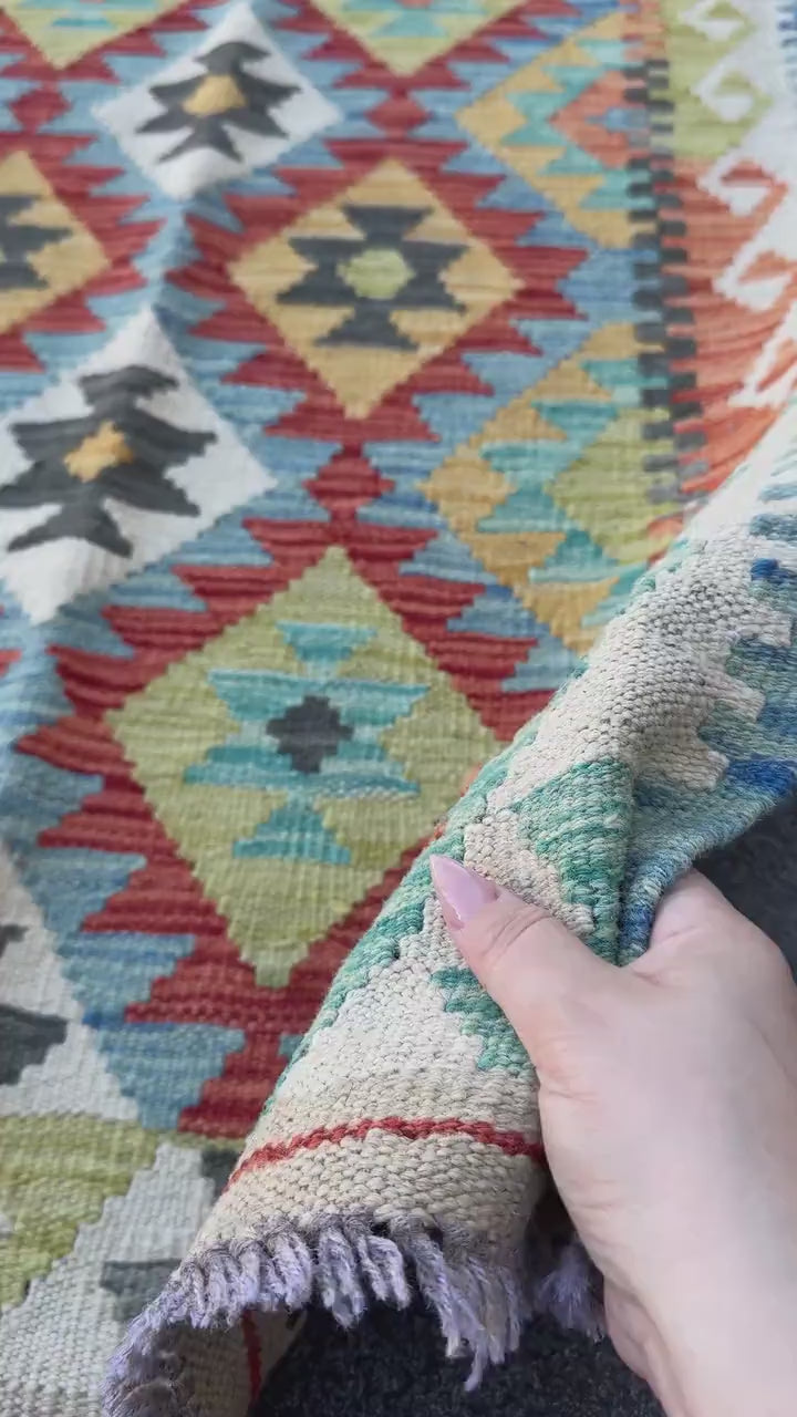 3x7 Handmade Afghan Kilim Runner Rug | Cream Denim Aqua Sky Blue Black Grey Chartreuse Olive Green Peach Burnt Orange Scarlet Red | Wool