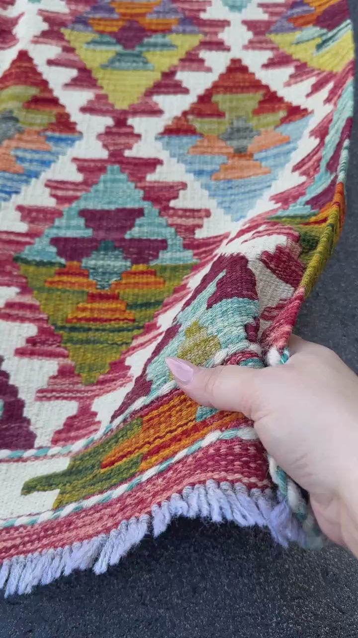 2x5 Handmade Afghan Kilim Runner Rug | Maroon Rust Red Burnt Orange Mustard Yellow Olive Green Teal Aqua Blue Cream White Purple Grey | Wool