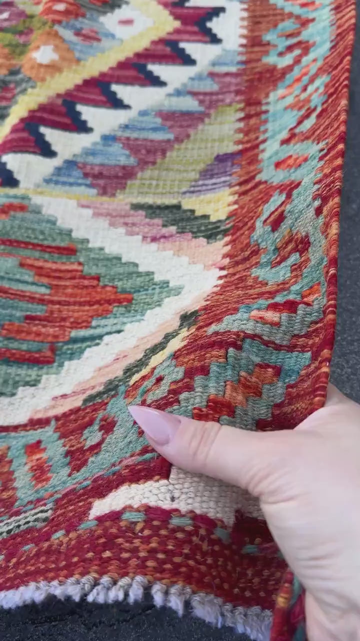 2x5 Handmade Afghan Kilim Runner Rug | Burnt Orange Brick Red Teal Ivory Denim Blue Purple Olive Moss Green Grey Mustard | Wool Turkish