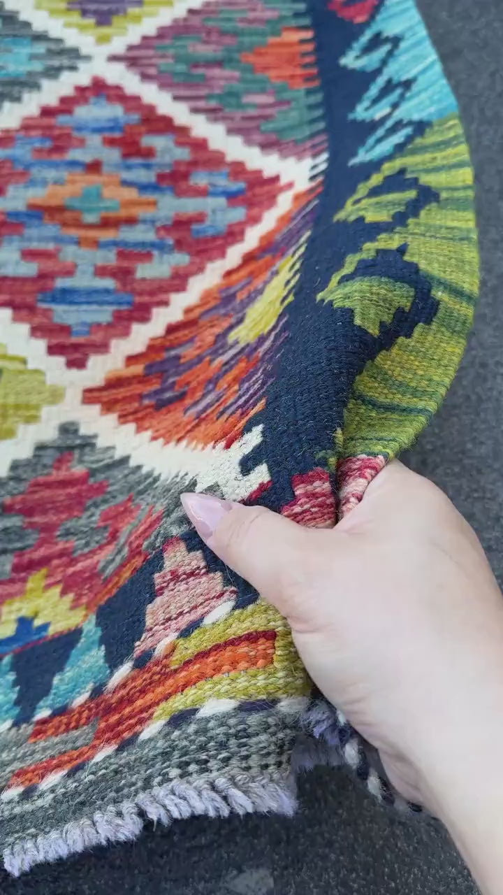 3x4  Handmade Afghan Kilim Rug | Cream White Mustard Golden  Aqua Teal Sky Blue Denim Blue Burnt Orange  Brick Red Burgundy Plum Wine