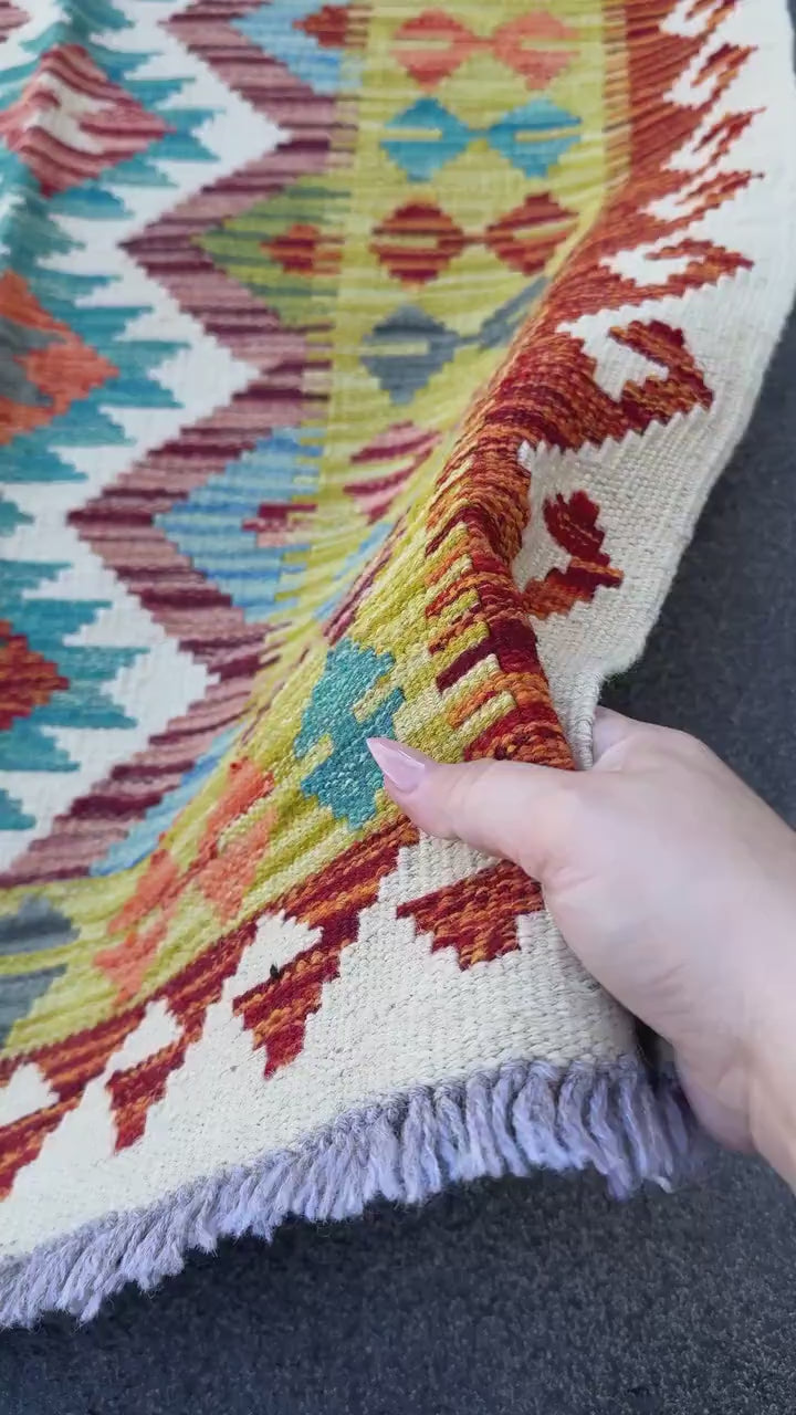 3x5 (91x152) Handmade Afghan Kilim Rug | Olive Green Cream White Olive Green Teal Burnt Orange Charcoal Maroon Charcoal Grey Denim | Wool