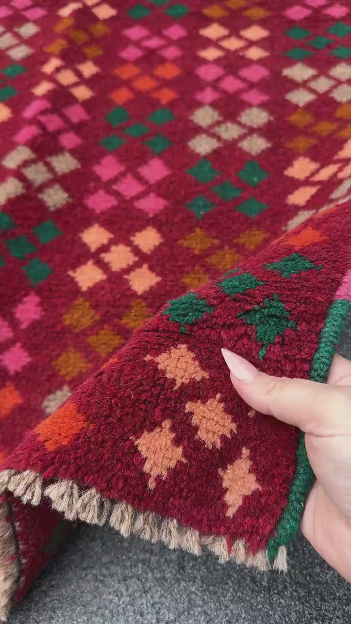 3x5 Handmade Vintage Afghan Baluch Rug | Rust Red Forest Green Grey Pink Burnt Orange Copper Brown Peach | Wool Flatwoven