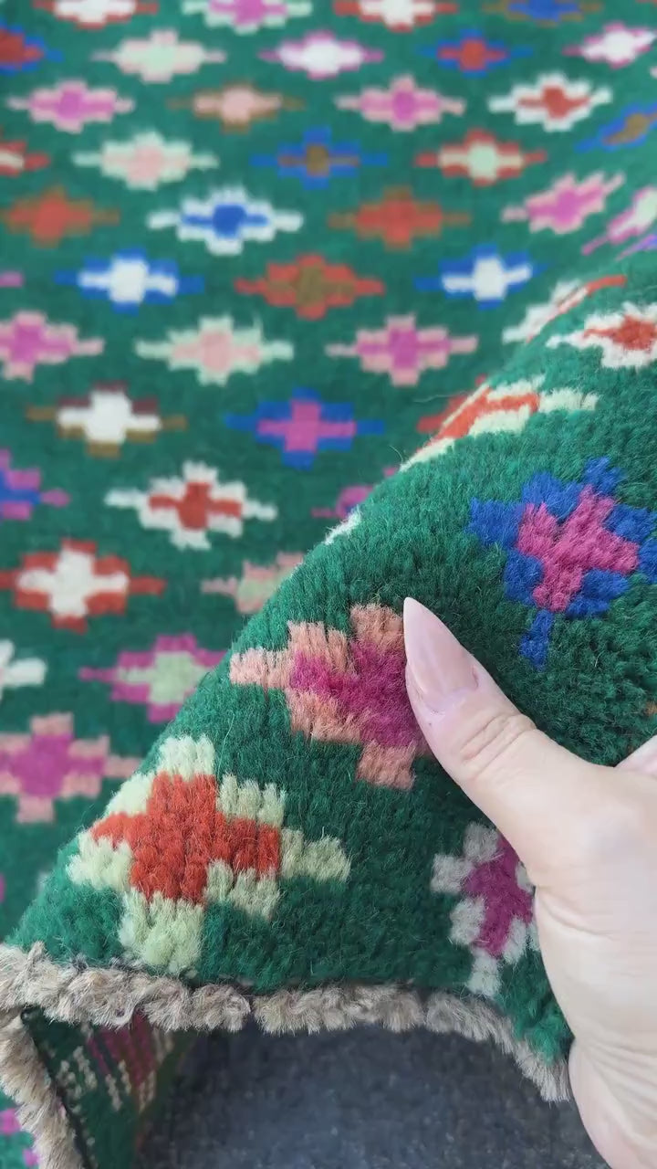 3x9 Handmade Vintage Afghan Baluch Runner Rug | Forest Mint Olive Green White Peach Rose Pink Burnt Orange Navy Blue Grey | Wool Flatwoven