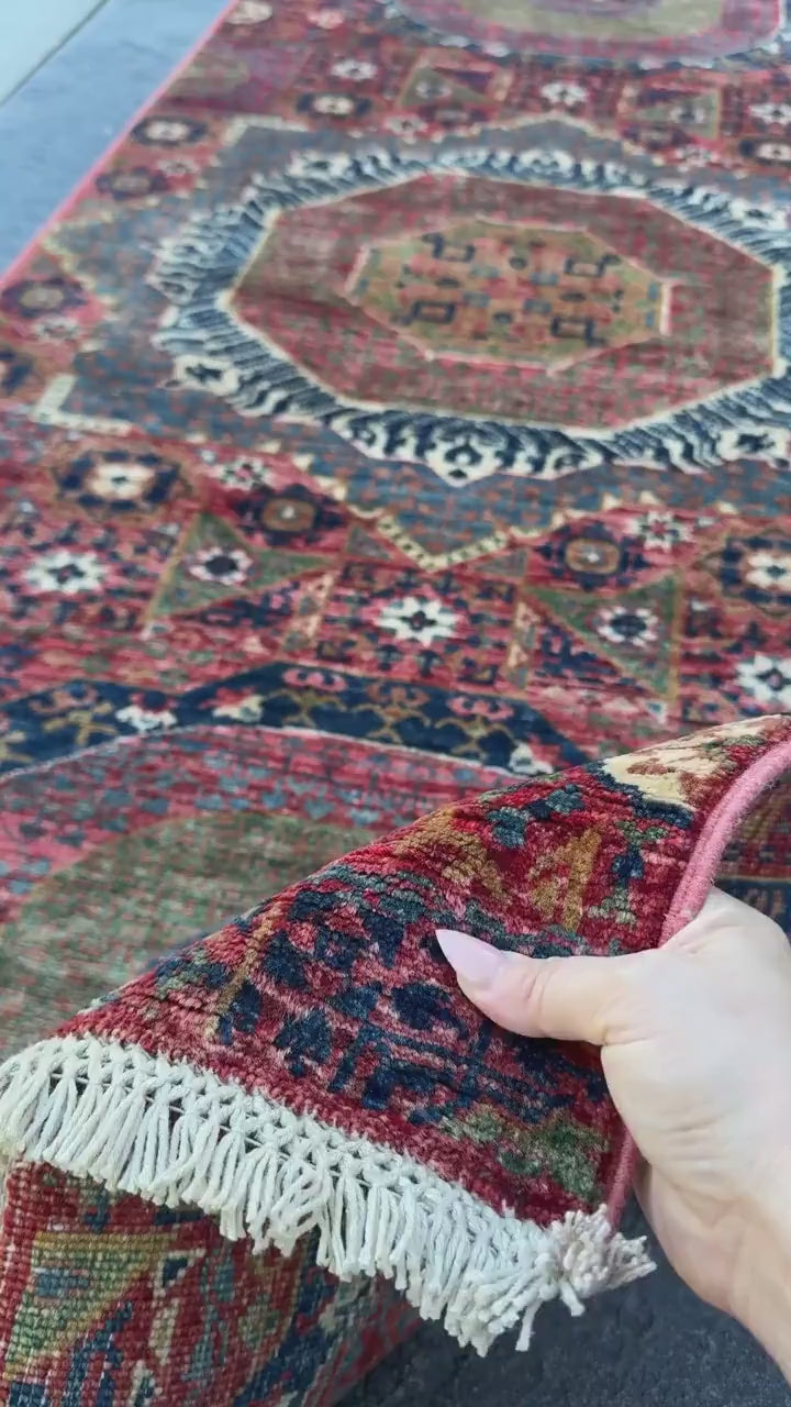 3x29 Handmade Afghan Wool Runner Rug | Extra Long Coral Red Mamluk Medallion Hallway Runner | Navy and Denim Blue | Hand-Knotted Carpet