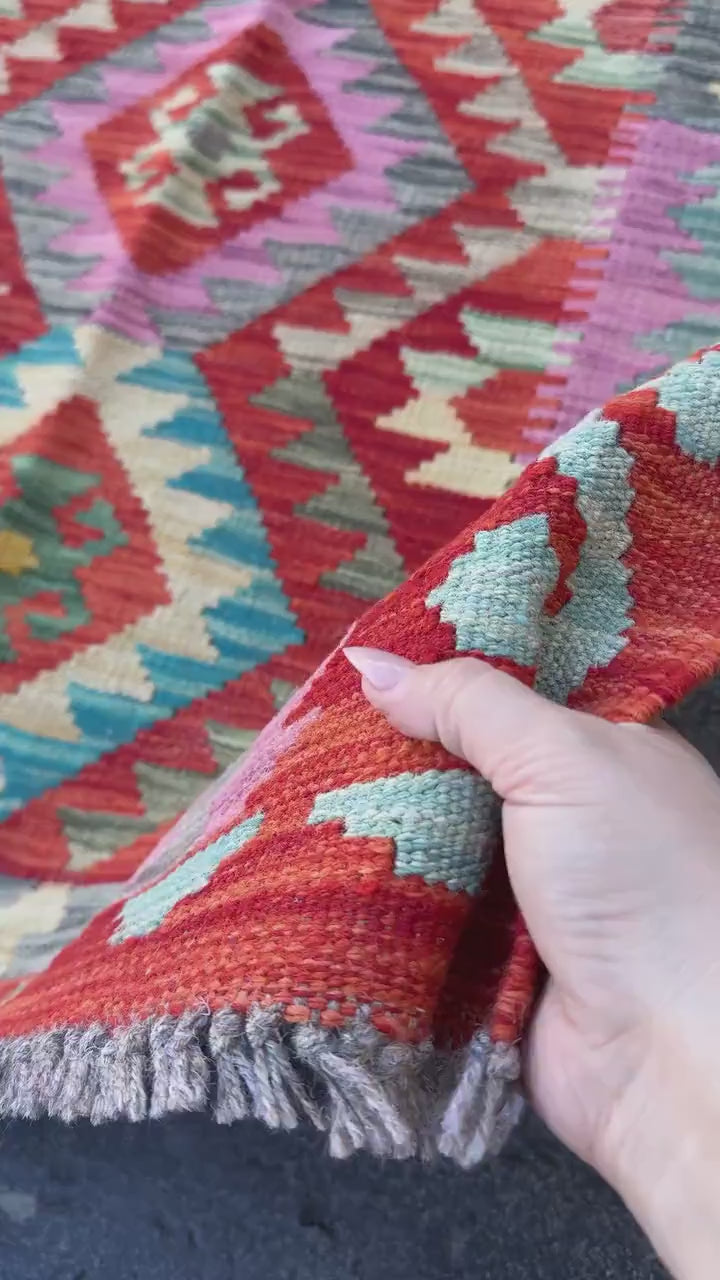 Percival - 3x5 Handmade Afghan Kilim Rug | Burnt Orange Brick Red Pink Aqua Teal Sky Blue Sage Olive Cream White Lavender Charcoal Grey