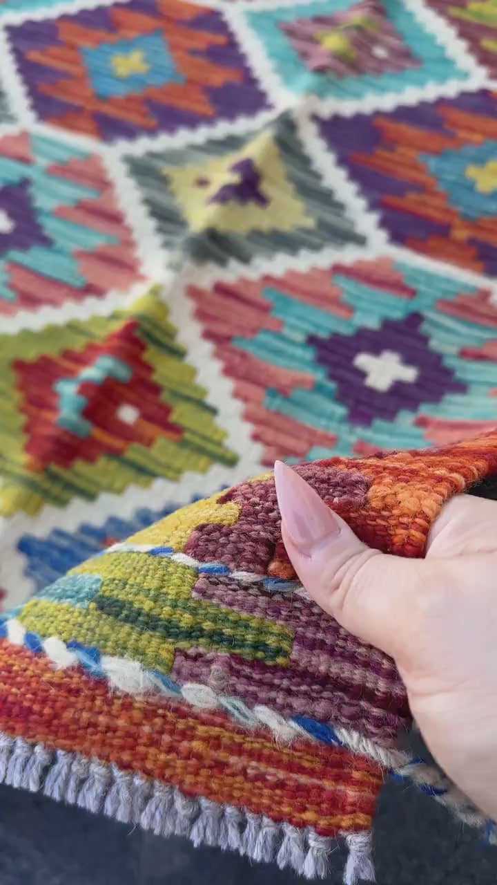 3x4 Handmade Afghan Kilim Rug | Burnt Orange Brick Auburn Red Moss Olive Green Mustard Yellow Denim Aqua Royal Blue Black Cream Purple