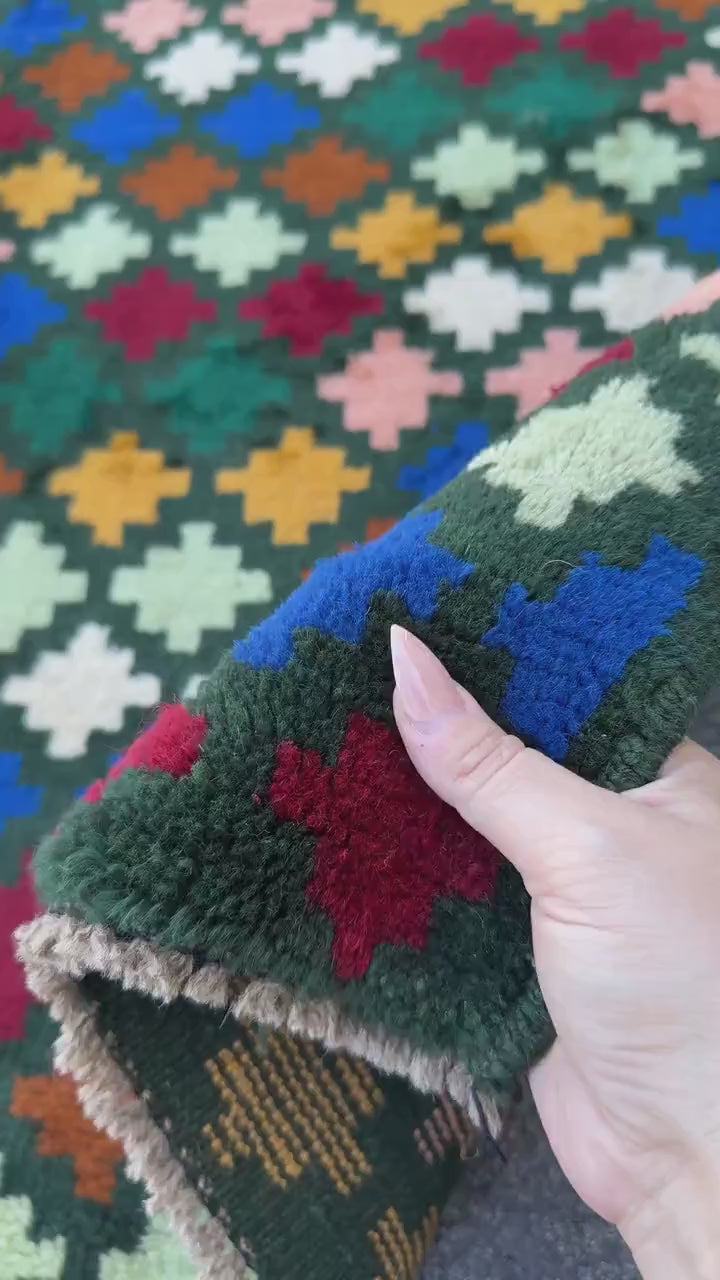 4x6 Handmade Vintage Afghan Baluch Rug | Pine Forest Mint Green Salmon Pink Peach Navy Blue Mustard Gold Brick Red Copper Brown White | Wool