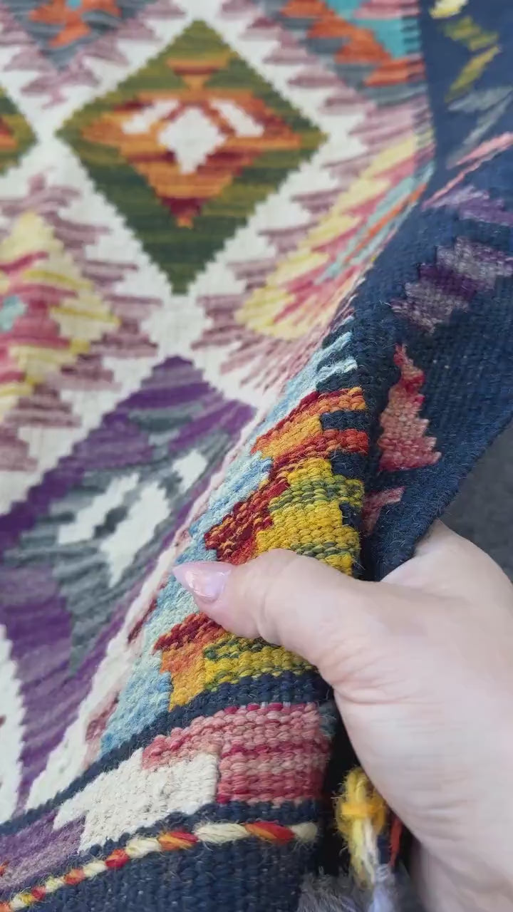 2x5 Handmade Afghan Kilim Runner Rug | Cream White, Deep Navy, Plum Purple, Sage Green, Burnt Orange, Golden Yellow, Teal, Coral Pink