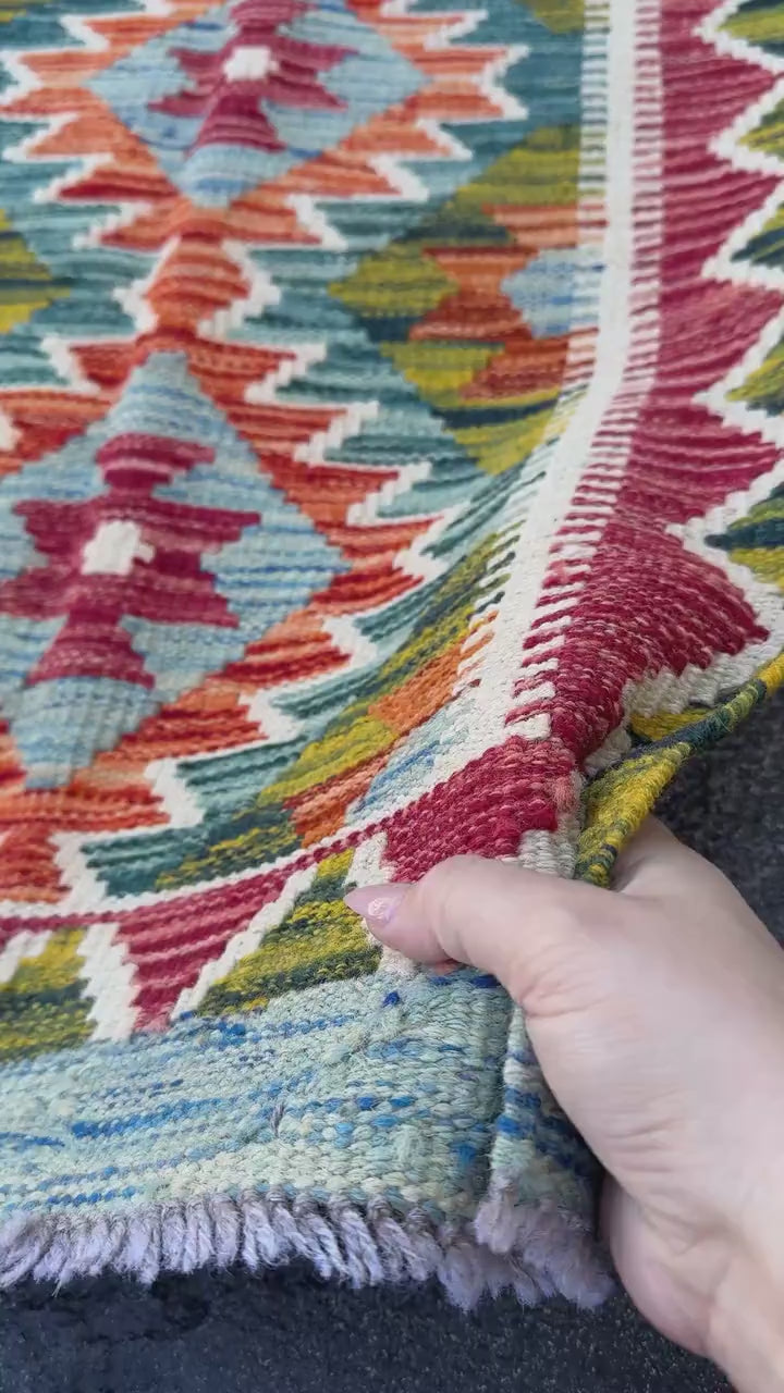 2x5 (61x152) Handmade Afghan Kilim Runner Rug | Denim Sky Aqua Blue Teal Maroon Auburn Red Orange White Moss Green | Wool Flatweave