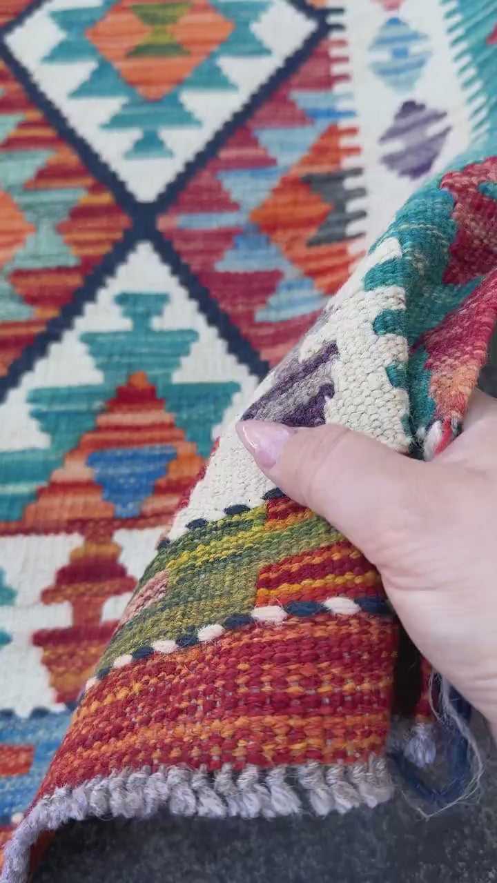 3x4 (91x121) Handmade Afghan Kilim Rug | Turquoise Rust Red Burnt Orange Forest Green Mustard Navy Blue Ivory Purple | Wool Flatweave