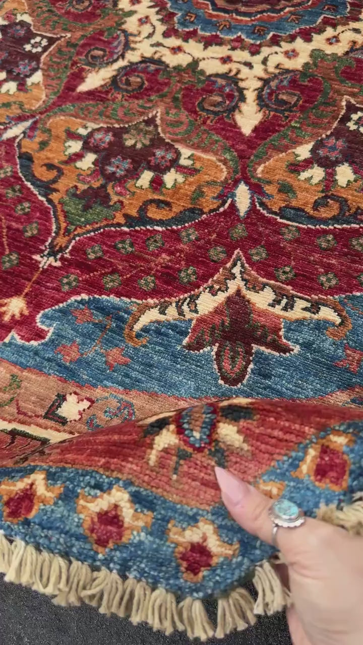 6x6 Round Handmade Afghan Wool Rug | Scalloped Floral Medallion | Red And Blue Tribal Rug