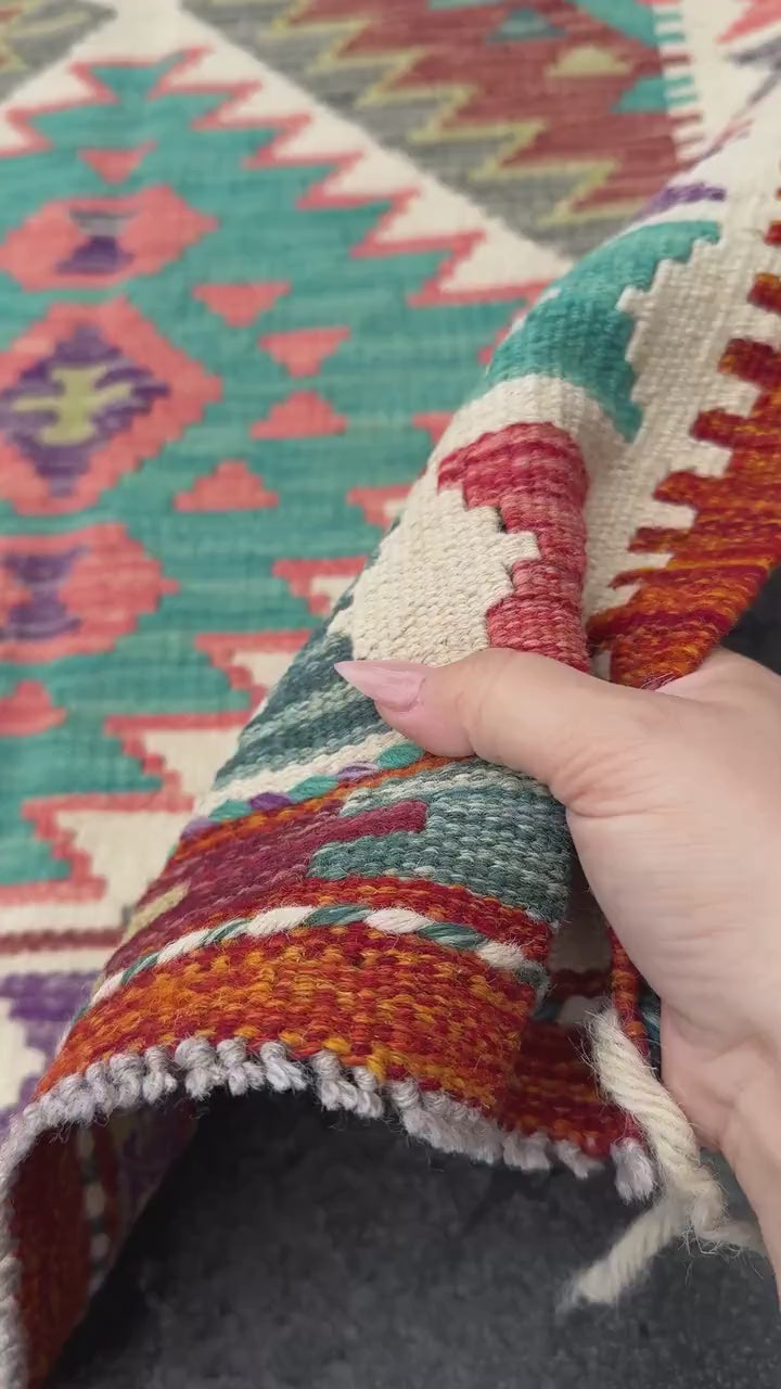 3x5 Handmade Afghan Kilim Rug | Orange Blood Burnt Burgundy Wine Red Salmon Coral Pink Grey Denim Prussian Teal Blue Purple Cream Green