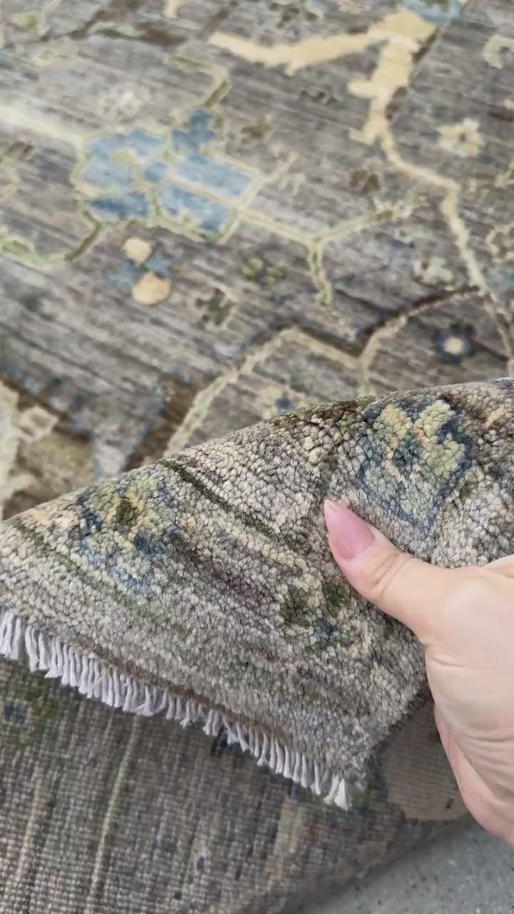 10x14 Handmade Afghan Wool Rug | Gray and Blue Oushak Style Area Rug | Hand-Knotted Distressed Carpet | Modern Classic Living Room Decor