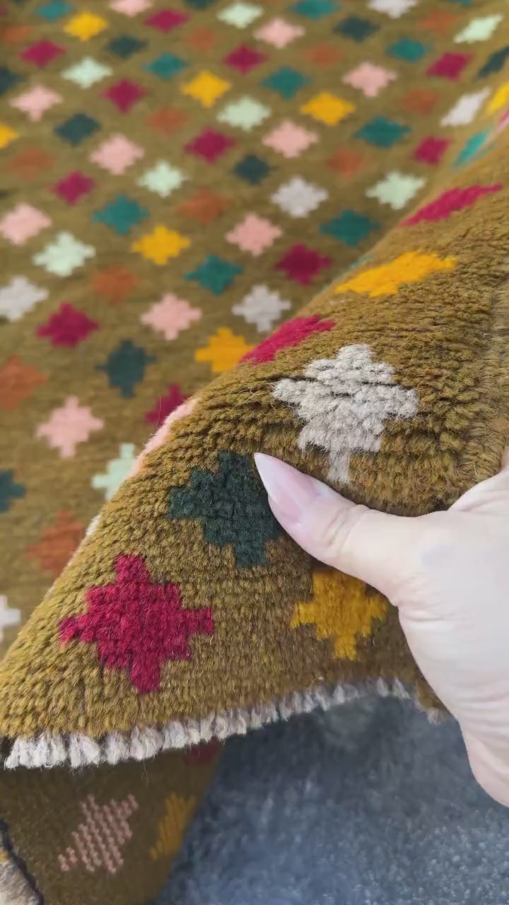3x5 (91x152) Handmade Vintage Afghan Baluch Rug | Olive Mint Pine Forest Green Mustard Gold Yellow Light Grey Brick Red Copper Brown