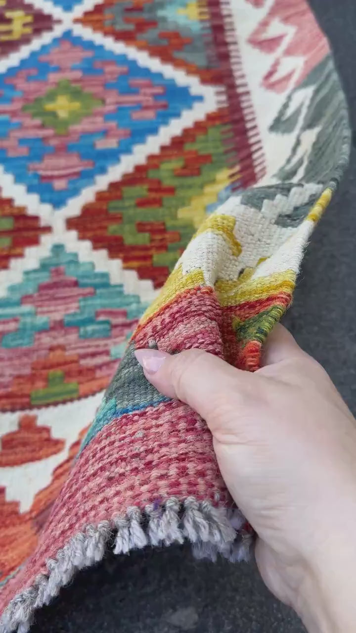 3x4 (91x152) Handmade Afghan Kilim Rug | Cream White Mustard Olive Aqua Teal Sky Blue Denim Burnt Orange Pink Burgundy Lavender