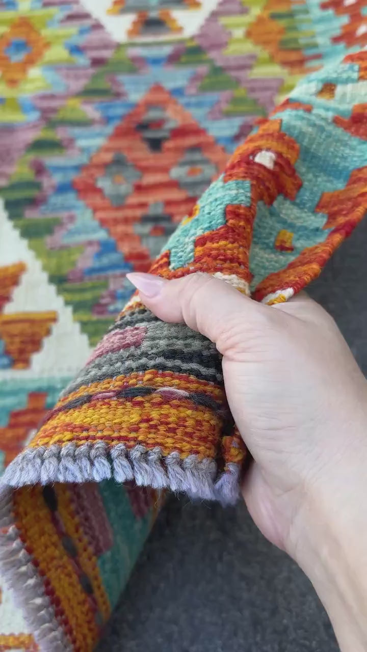 3x5 (91x152) Handmade Afghan Kilim Rug | Teal Rust Orange Denim Blue Olive Forest Green Cream White Purple Charcoal Grey | Wool Flatwoven
