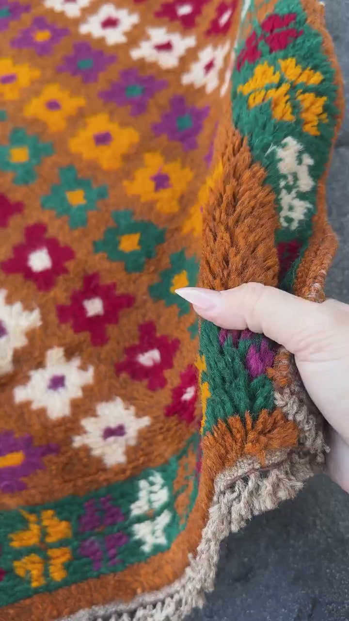 3x10 (90x305) Handmade Vintage Afghan Baluch Runner Rug | Copper Brown Burnt Orange Brick Red Cream White Forest Green Eggplant Purple