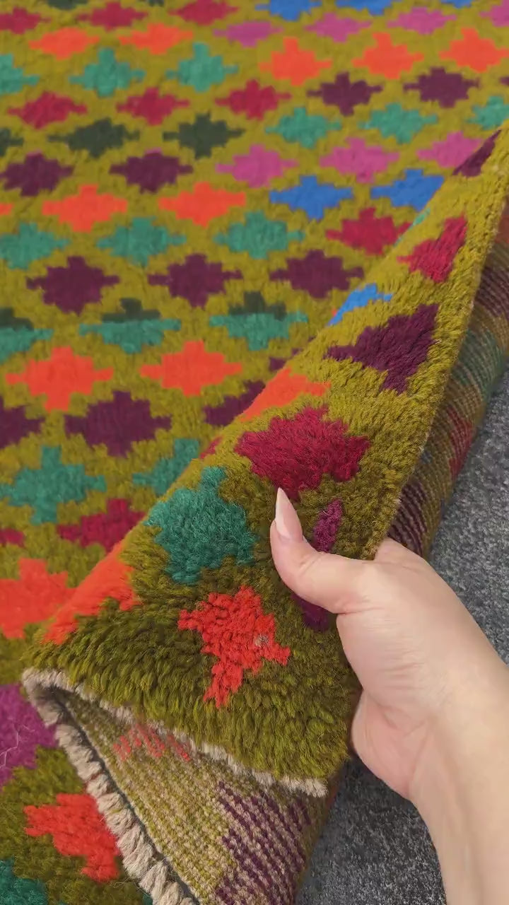 4x6 Handmade Vintage Afghan Baluch Rug | Olive Forest Pine Green Burnt Orange Grape Purple Rust Red Royal Blue Maroon | Wool Flatwoven