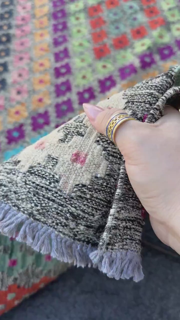 7x10 (213x304) Handmade Afghan Kilim Rug | Grey Black Orange Peach Saffron Mint Green Blush Fuchsia Pink Maroon Purple Cream White | Wool