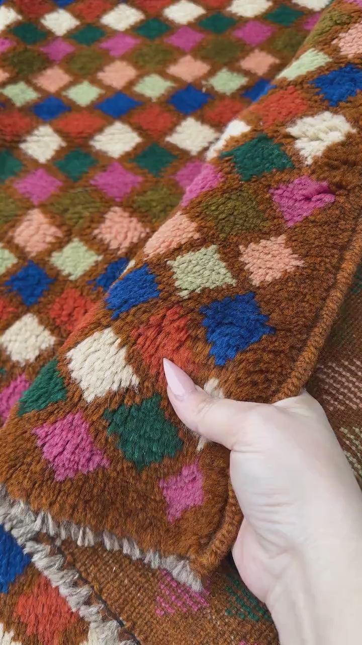 4x6 Handmade Vintage Afghan Baluch Rug | Chocolate Brown Rose Salmon Pink Peach Forest Olive Green Cream White Navy Blue Burnt Orange | Wool