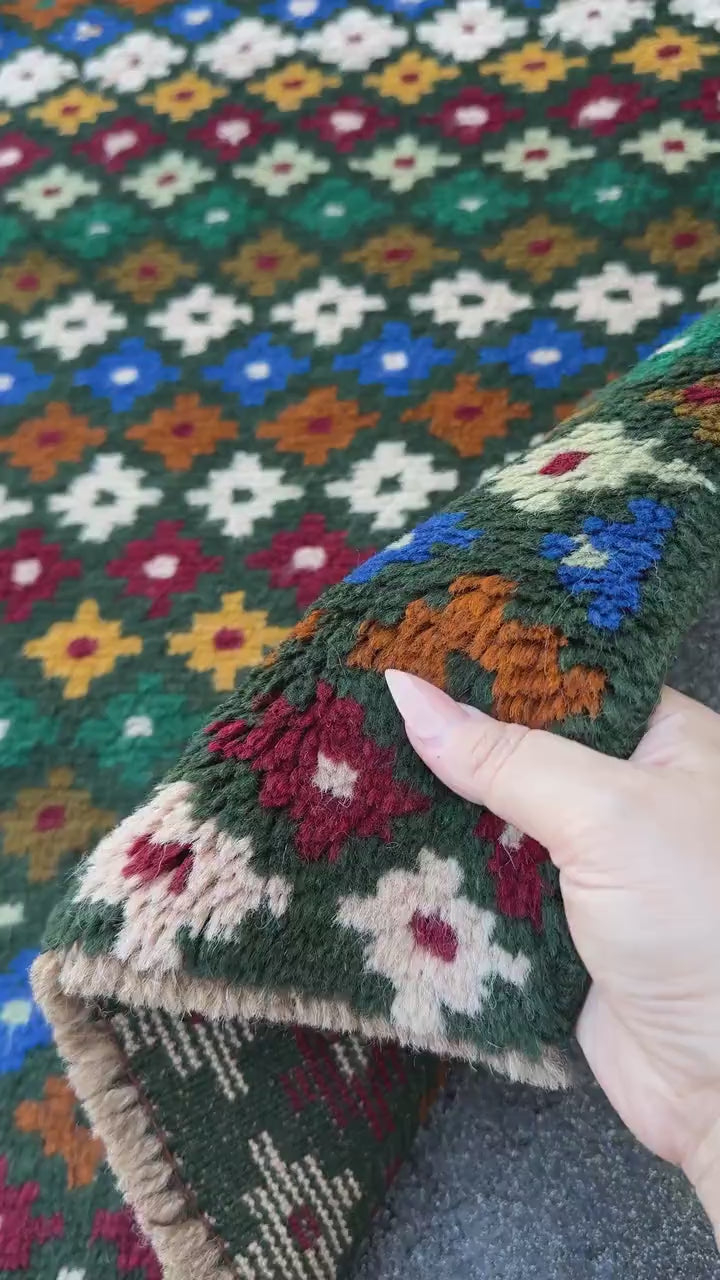 4x6 Handmade Vintage Afghan Baluch Rug | Forest Pine Mint Green Navy Blue Copper Brown Mustard Gold Black Brick Red White | Wool Flatwoven