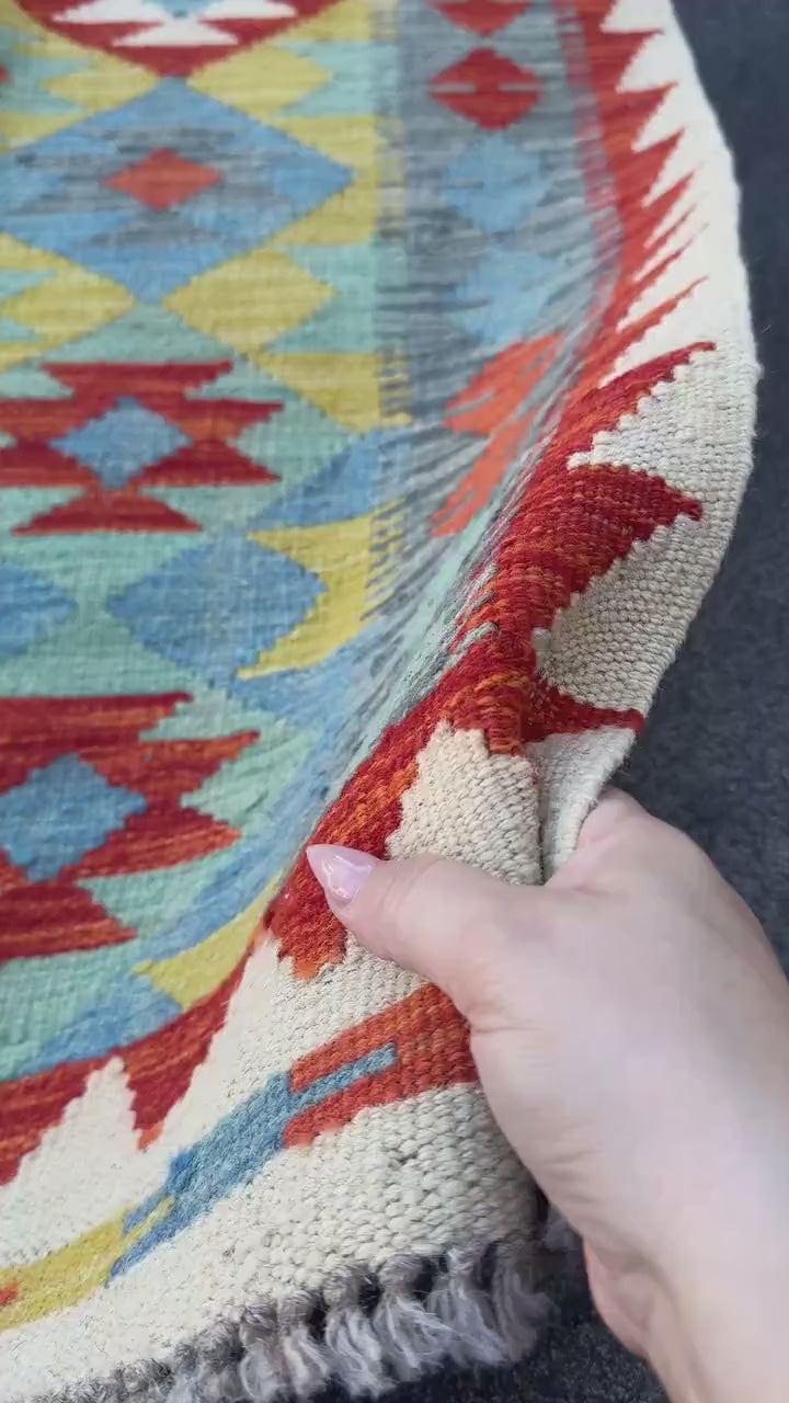 3x7 (100x200) Handmade Afghan Kilim Runner Rug | Cream Blood Red Orange Sky Denim Blue Olive Green Ivory Teal Grey | Wool Turkish