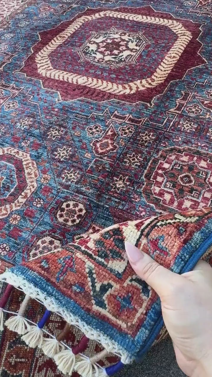 5x7 Handmade Afghan Wool Rug | Blue and Burgundy Mamluk Medallion Area Rug | Ivory Border | Hand-Knotted Traditional Carpet
