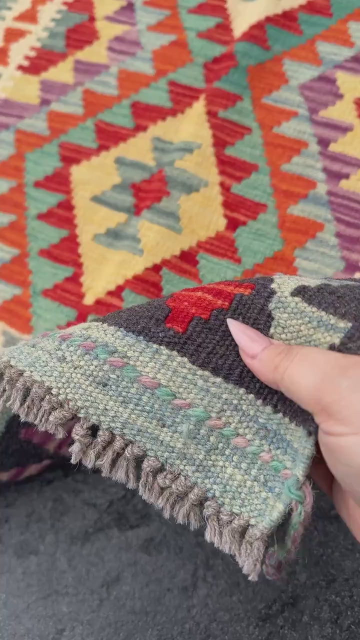 2x7 (61x213) Handmade Afghan Kilim Runner Rug | Black Cream Purple Denim Baby Blue Crimson Scarlet Red Yellow Orange | Wool Flatweave