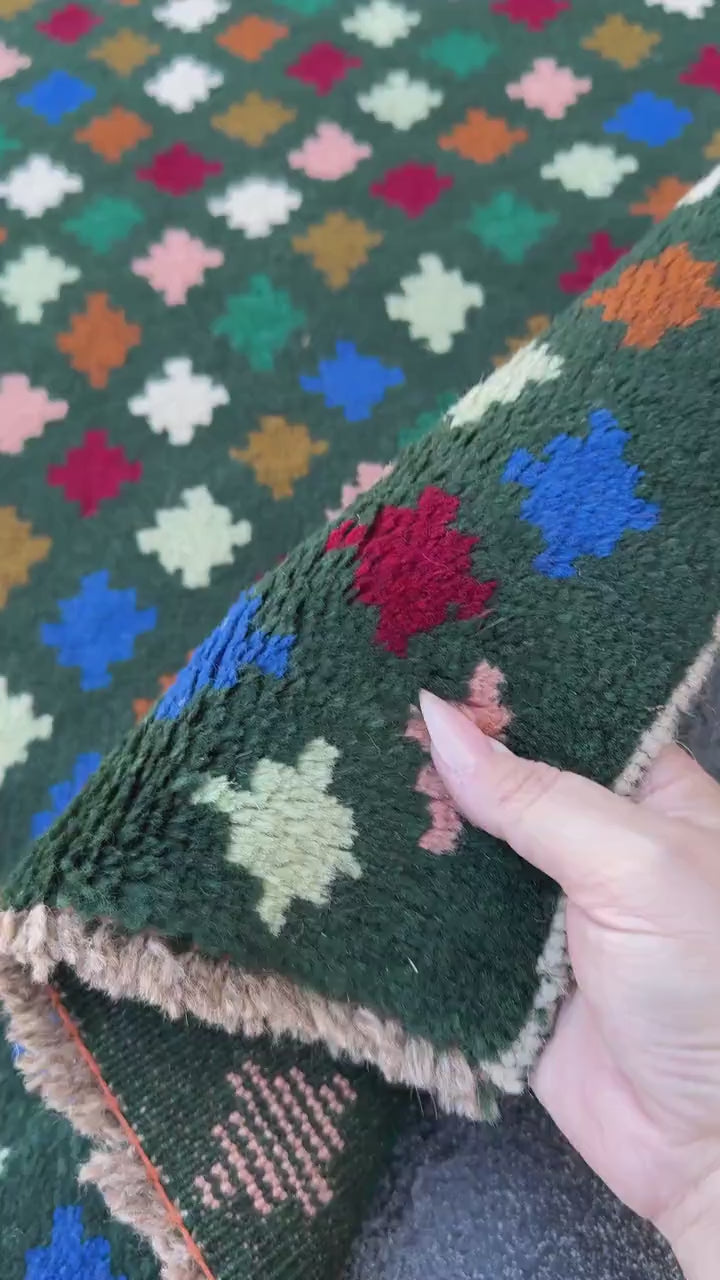 4x6 Handmade Vintage Afghan Baluch Rug | Forest Pine Mint Olive Green Navy Blue Salmon Pink Peach White Brick Red Copper Brown | Wool
