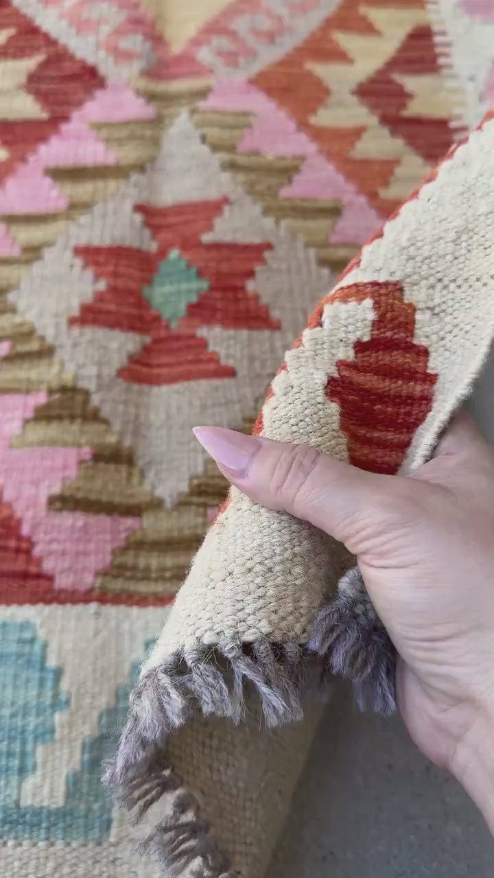 2x4 Handmade Afghan Kilim Rug | Cream Beige White Rust Red Burnt Orange Chocolate Tan Rose Salmon Pink Grey Sky Blue Tea | Wool Flatwoven