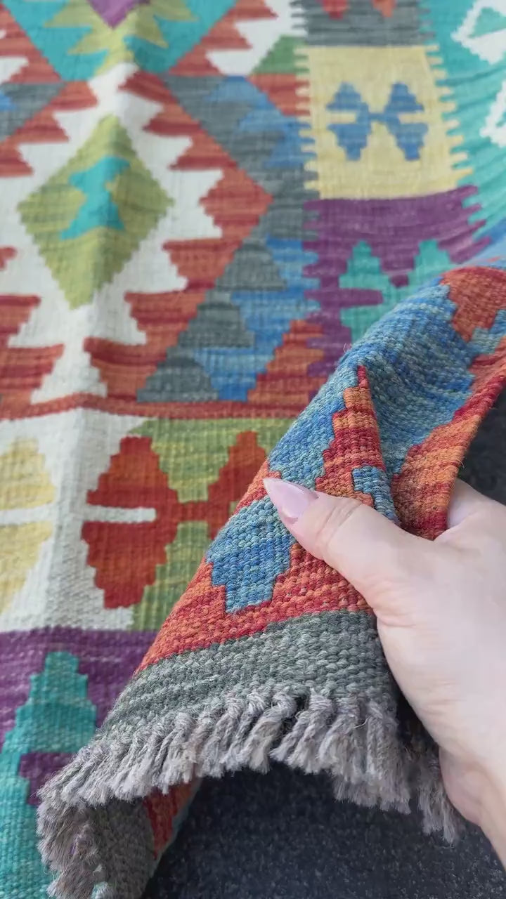 2x7 Handmade Afghan Kilim Runner Rug | Blue Teal Royal Denim Cream Eggplant Purple Moss Olive Forest Green Yellow Saffron Burnt Orange Red
