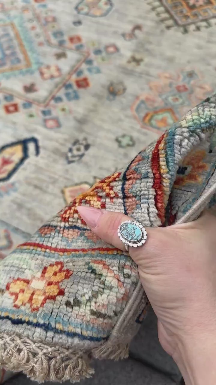 6x10 Handmade Afghan Wool Rug | Soft Gray Tribal Medallion | Vintage Style Kazak Area Rug