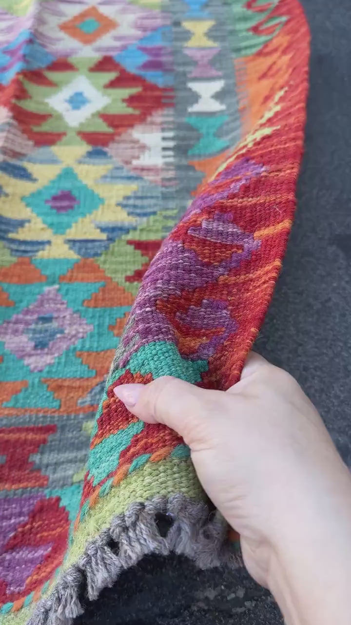 3x7 (100x200) Handmade Afghan Kilim Runner Rug | Burnt Orange Red Purple Teal Beige Denim Sky Blue Olive Moss Green Ivory | Wool Turkish