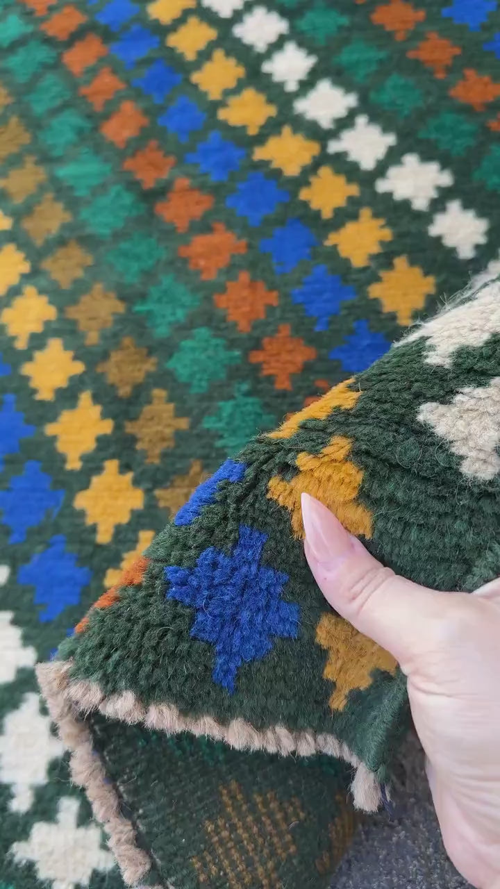4x6 Handmade Vintage Afghan Baluch Rug | Pine Forest Olive Green Mustard Gold White Copper Brown Navy Blue | Wool Flatwoven