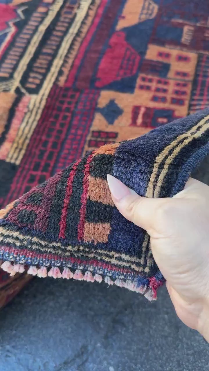 3x5 (91x152) Handmade Vintage Afghan Baluch Rug | Midnight Navy Blue Peach Orange Cream Burgundy Crimson Red Sand Caramel Brown | Wool