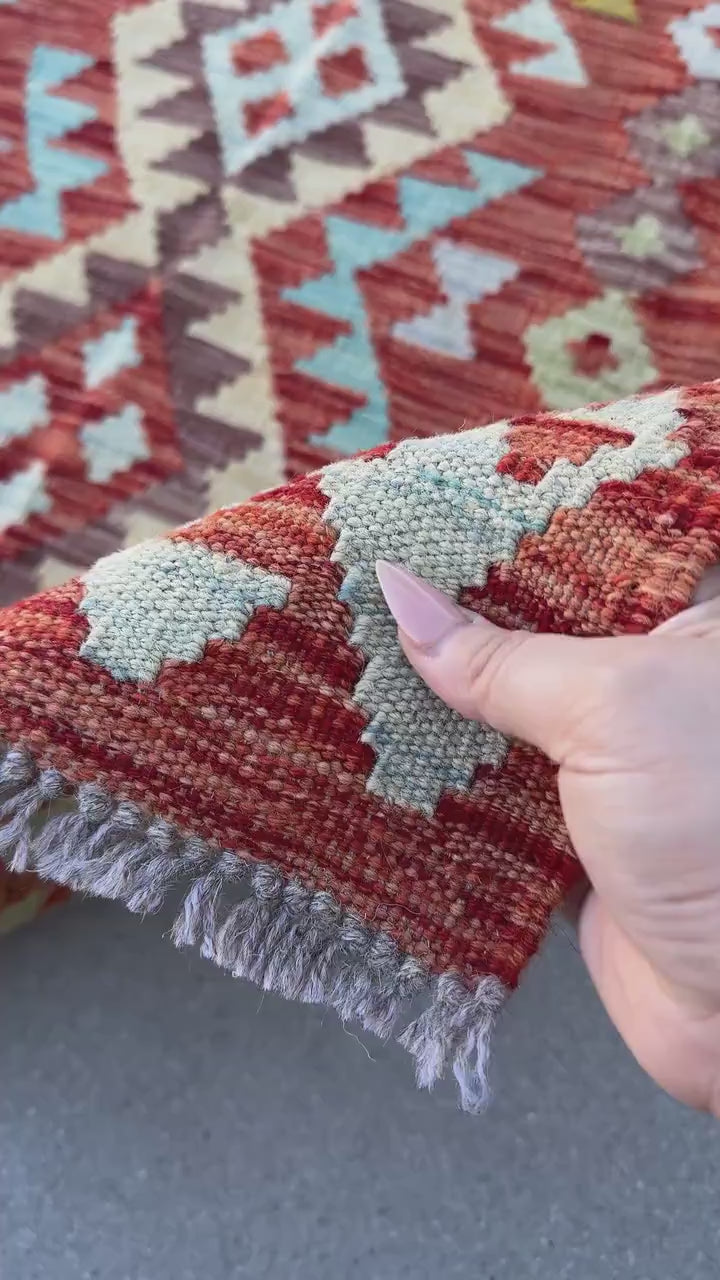 3x5 (91x152) Handmade Afghan Kilim Rug | Burnt Orange Rust Mint Sage Green Aqua Powder Blue Chocolate Brown Cream Cornsilk Yellow | Wool