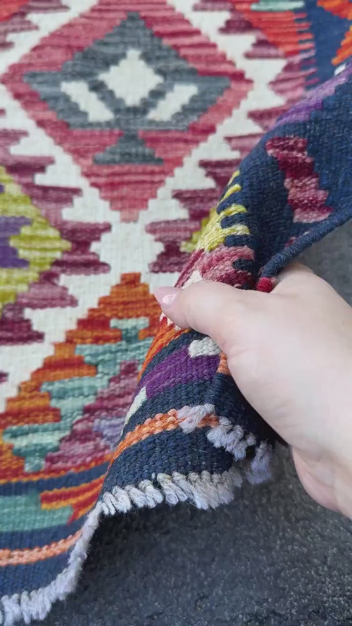 2x5 Handmade Afghan Kilim Runner Rug | Midnight Aqua Prussian Blue Olive Moss Green Teal Brick Red Grey Cream White Black Orange Purple