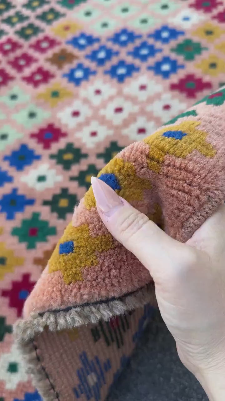 4x6 Handmade Vintage Afghan Baluch Rug | Peach Forest Pine Mint Green White Navy Blue Brick Red Copper Brown Mustard Yellow | Wool Flatwoven