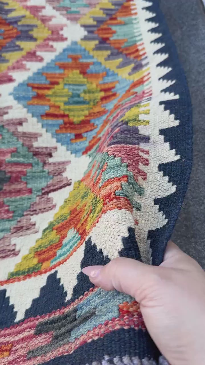 2x5 Handmade Afghan Kilim Runner Rug | Cream Navy Rust Red Burnt Orange Mustard Yellow Olive Green Teal Aqua Blue Purple White Grey | Wool