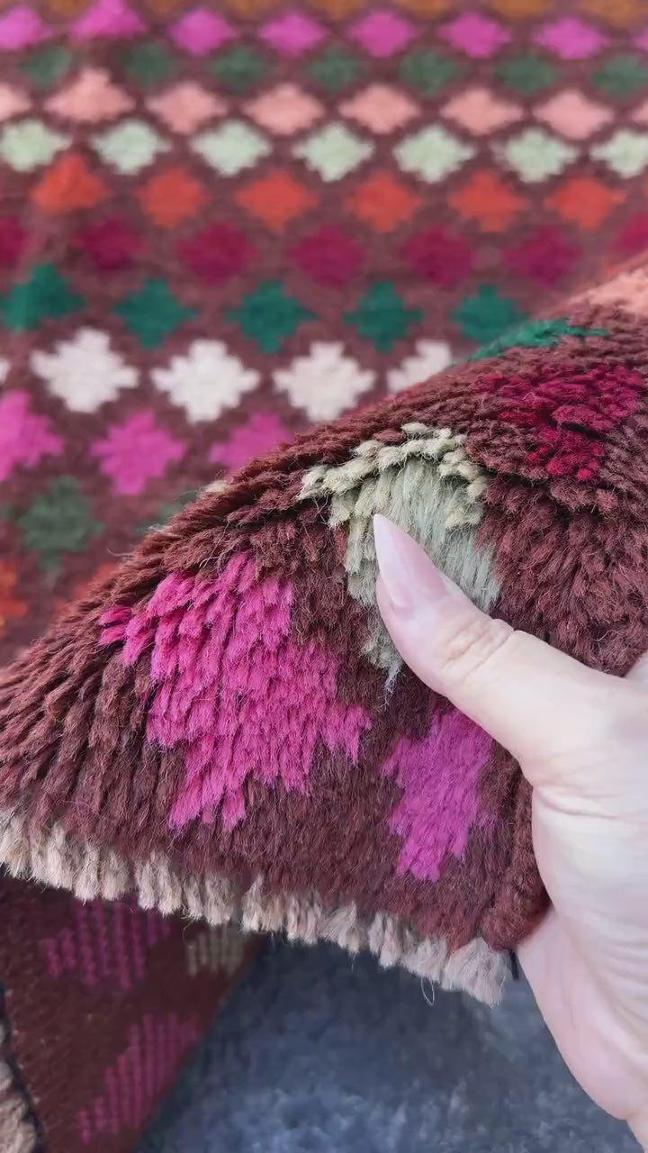 3x10 Handmade Vintage Afghan Baluch Runner Rug | Chocolate Copper Brown Rose Pink Peach Forest Pine Moss Green Brick Red White Burnt Orange