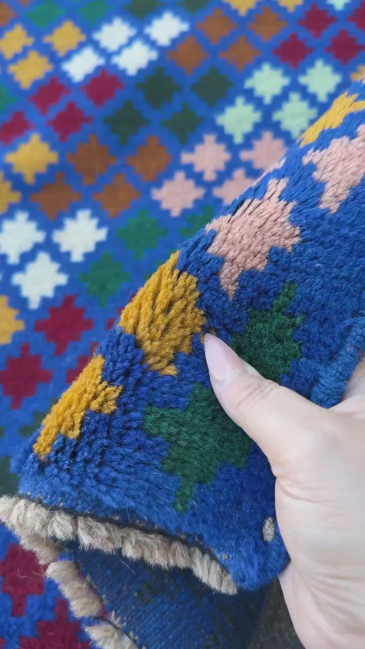 4x6 Handmade Vintage Afghan Baluch Rug | Navy Blue Pine Forest Mint Green Mustard Gold Salmon Pink Brick Red White | Wool Flatwoven