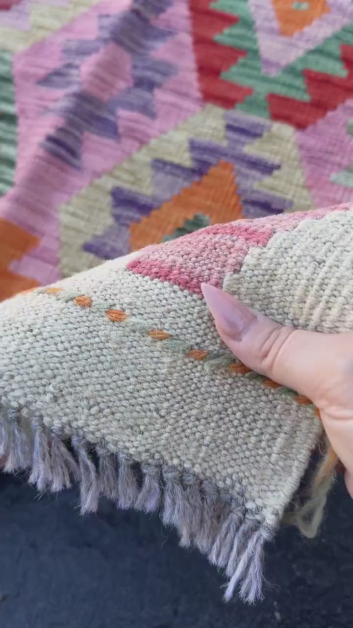 3x5 (91x152) Handmade Afghan Kilim Rug | Cream Blush Baby Rose Pink Forest Pine Sage Green Beige Sand Tan Teal Purple Orange Red | Wool