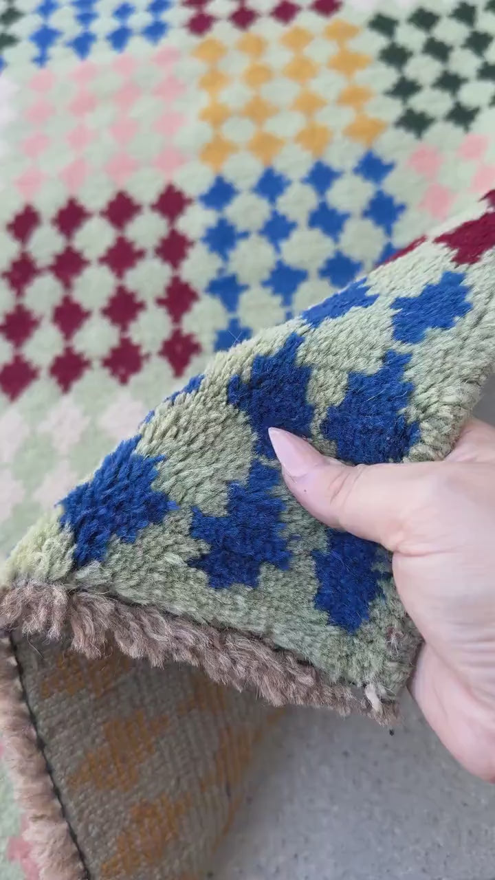 4x6 Handmade Vintage Afghan Baluch Rug | Mint Pine Green Brick Red Mustard Yellow Gold Navy Blue White | Wool Flatwoven