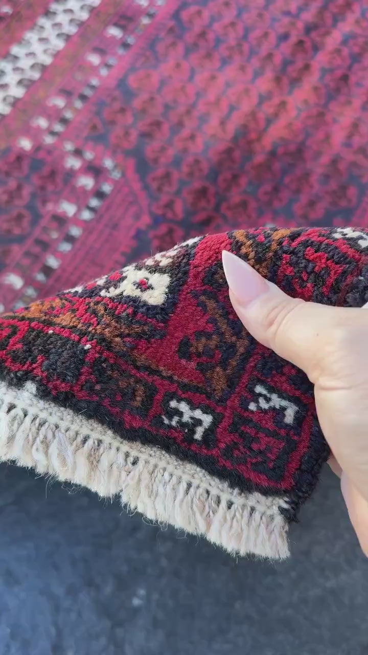 3x5 Handmade Vintage Afghan Baluch Rug | Brick Auburn Burgundy Wine Red White Ivory White Black Midnight Blue Caramel Brown | Wool Geometric