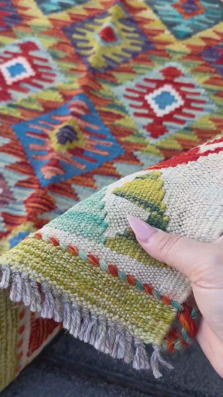 3x4 (91x121) Handmade Afghan Kilim Rug | Cream Olive Moss Forest Green Crimson Red Brunt Orange Denim Aqua Baby Powder Blue Purple Mustard