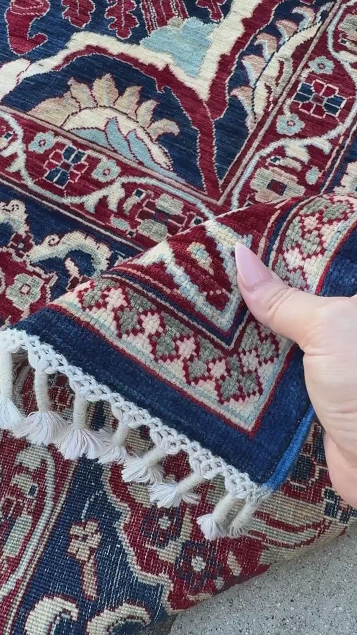 10x14 Handmade Afghan Wool Rug | Navy and Ivory Medallion Area Rug | Hand-Knotted Traditional Carpet | Formal Living Room Decor