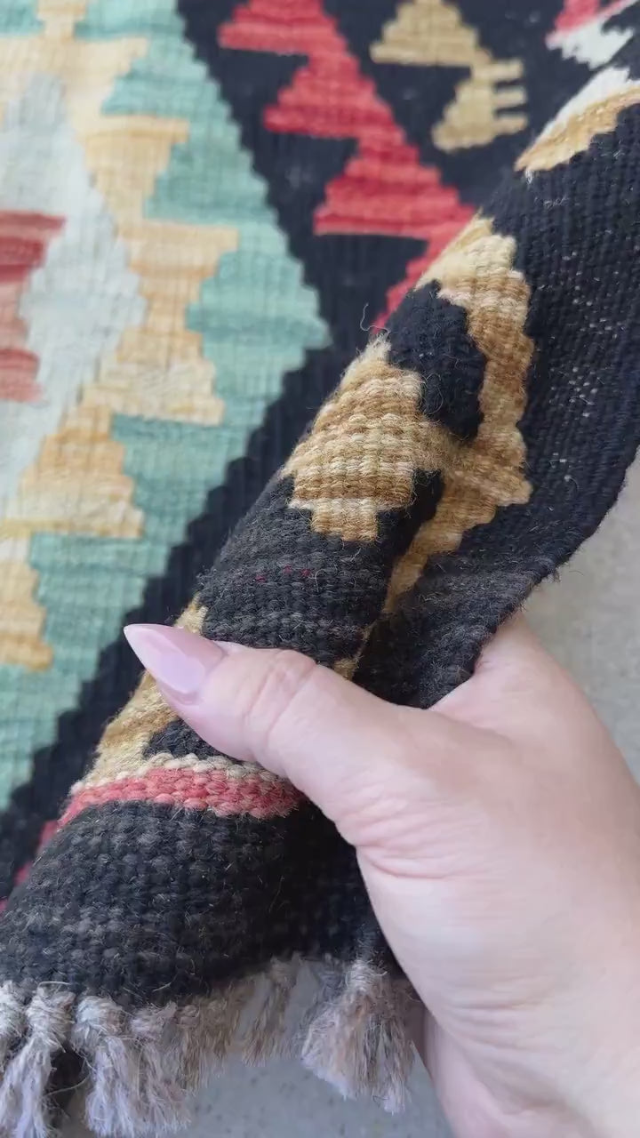 2x3 Handmade Afghan Kilim Rug | Black Aqua Teal Burnt Oragne Sky Blue Mustard Gold Brown Tan Mocha | Wool Flatwoven