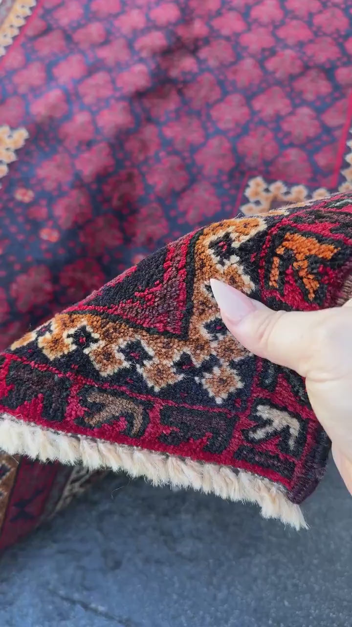 3x4 Handmade Vintage Afghan Baluch Rug | Maroon Crimson Burgundy Midnight Navy Denim Blue Forest Green Peach Orange White Cream Brown